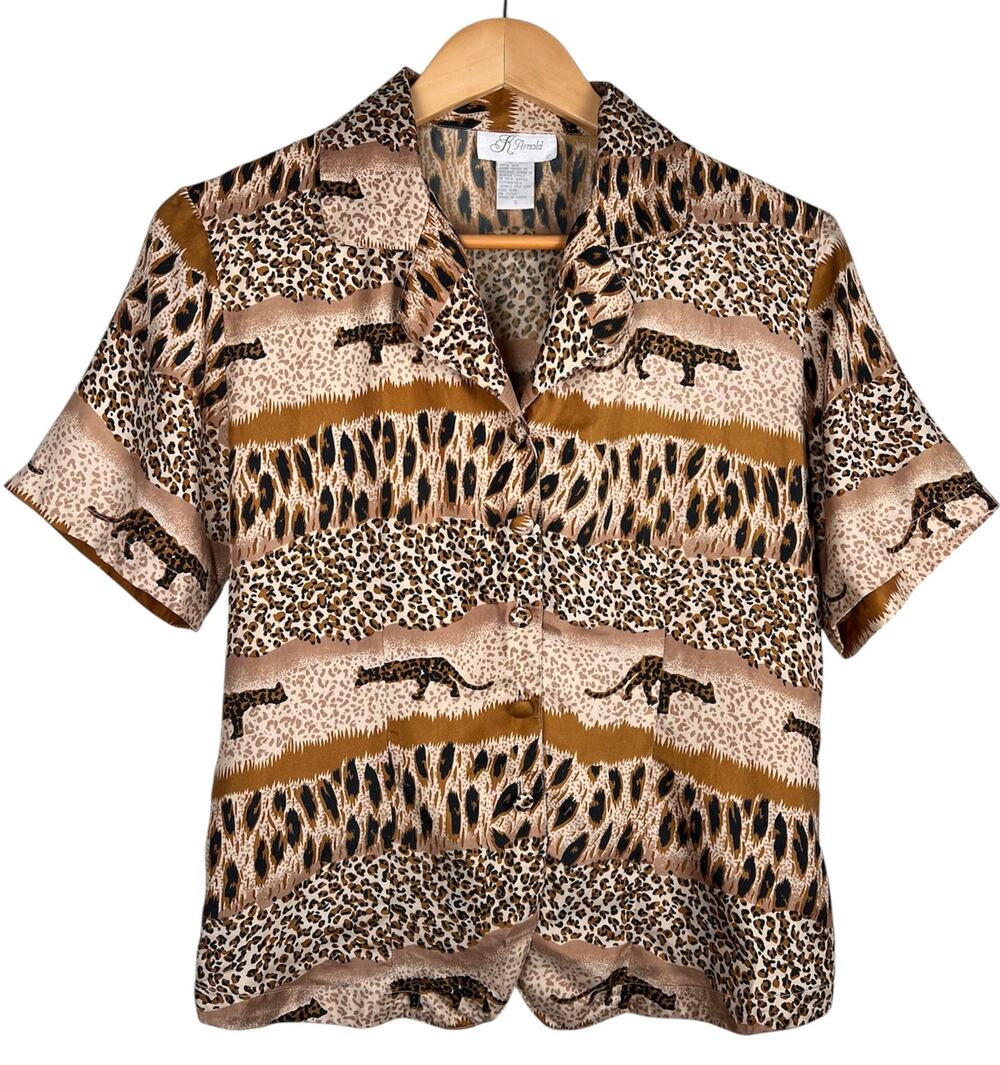 Vintage K. Arnold 100% Silk Safari Animal Print Short Sleeve Top Small